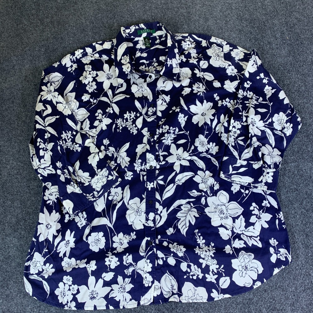 Lauren Ralph Lauren Shirt Womens 3X Blue Floral Cotton Button Up Curved Hem